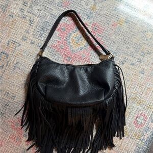 Fringe Black Leather Shoulder Bag